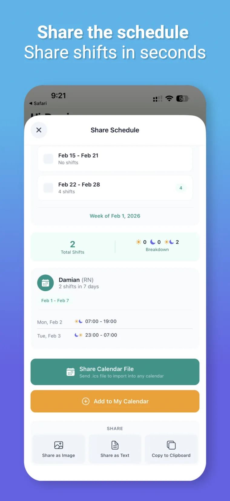 CareShiftER share schedule screenshot