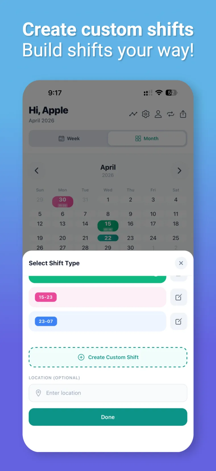 CareShiftER create custom shifts screenshot