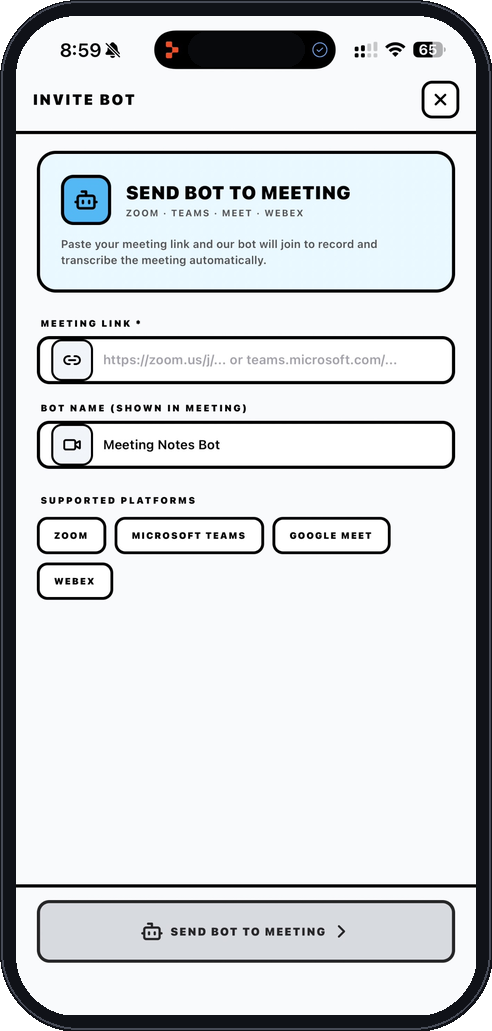 MeetingMark invite bot for Zoom, Teams, Meet and Webex